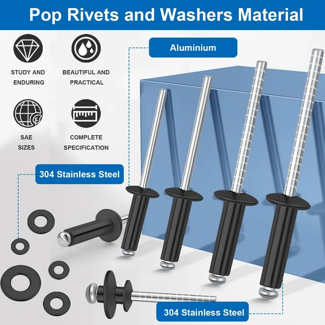 Alt view image 6 of 6 - 1280Pcs Stainless Steel Black Rivets with Pop Rivets with Washer 1/8Inch 5/32Inch 3/16Inch for Metal,Furniture,Automotive,Instrument