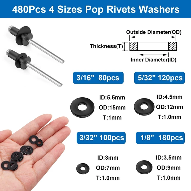 Alt view image 5 of 6 - 1280Pcs Stainless Steel Black Rivets with Pop Rivets with Washer 1/8Inch 5/32Inch 3/16Inch for Metal,Furniture,Automotive,Instrument