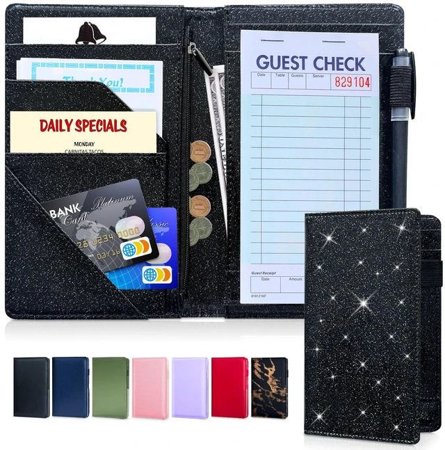 Main image of Server Book, 7 Pocket Zipper Organizer, Fits Apron, Glitter Black Reinforced PU Leather, Rigid Writing Surface, Spill-Resistant, Easy Clean, Fits 3.5x6.75 Checks, for Restaurants Cafes Bars