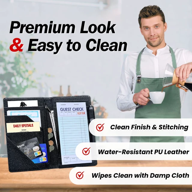 Alt view image 3 of 7 - Server Book, 7 Pocket Zipper Organizer, Fits Apron, Glitter Black Reinforced PU Leather, Rigid Writing Surface, Spill-Resistant, Easy Clean, Fits 3.5x6.75 Checks, for Restaurants Cafes Bars