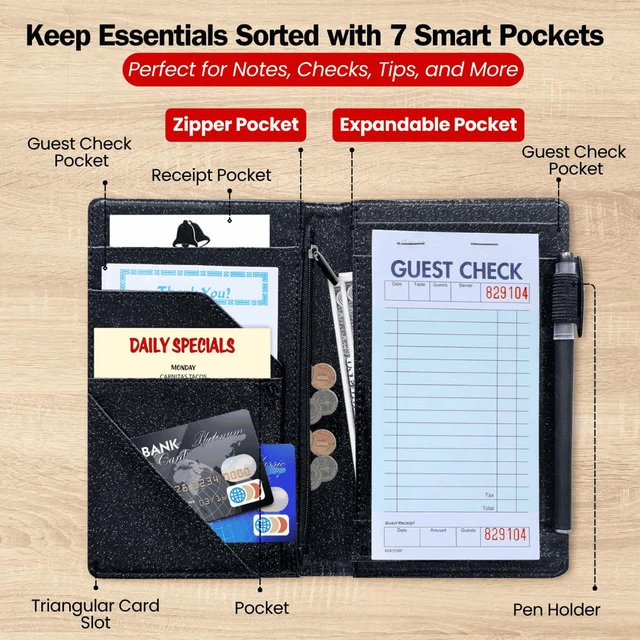 Alt view image 4 of 7 - Server Book, 7 Pocket Zipper Organizer, Fits Apron, Glitter Black Reinforced PU Leather, Rigid Writing Surface, Spill-Resistant, Easy Clean, Fits 3.5x6.75 Checks, for Restaurants Cafes Bars