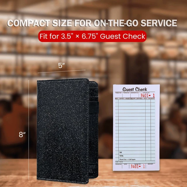 Alt view image 5 of 7 - Server Book, 7 Pocket Zipper Organizer, Fits Apron, Glitter Black Reinforced PU Leather, Rigid Writing Surface, Spill-Resistant, Easy Clean, Fits 3.5x6.75 Checks, for Restaurants Cafes Bars
