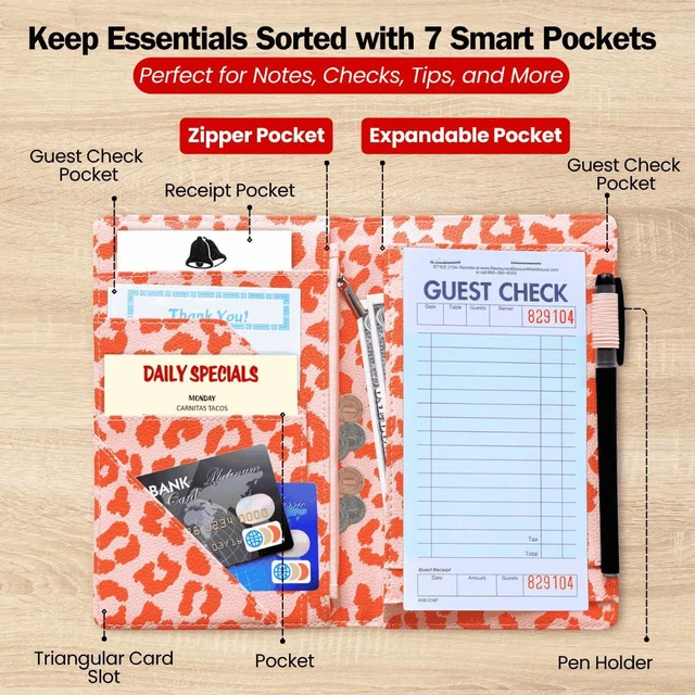 Alt view image 4 of 7 - 5x8 Server Book, 7 Pocket Zipper Organizer, Fits Apron, Leopard Pink Reinforced PU Leather, Rigid Writing Surface, Spill-Resistant, Easy Clean, Fits 3.5x6.75 Checks, for Restaurants Cafes Bars