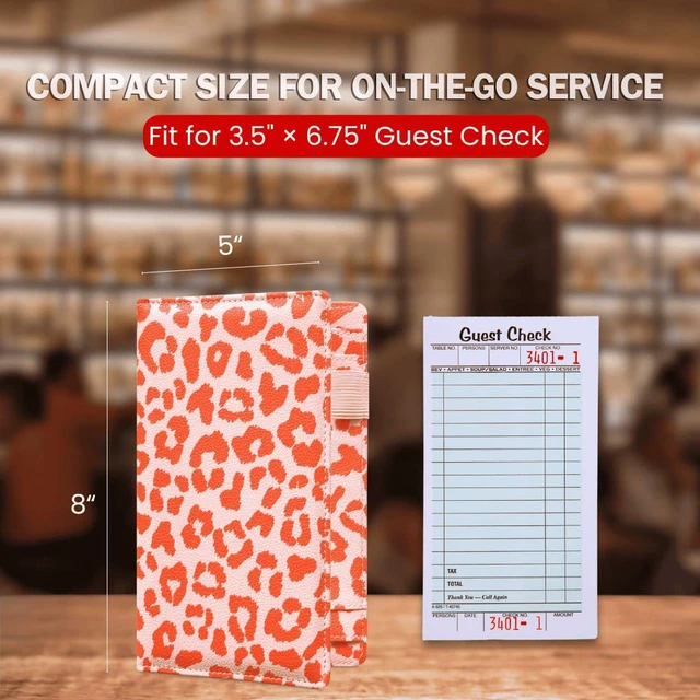Alt view image 5 of 7 - 5x8 Server Book, 7 Pocket Zipper Organizer, Fits Apron, Leopard Pink Reinforced PU Leather, Rigid Writing Surface, Spill-Resistant, Easy Clean, Fits 3.5x6.75 Checks, for Restaurants Cafes Bars