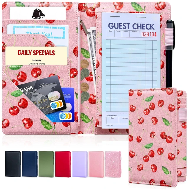 Main image of 5x8 Server Book, 7 Pocket Zipper Organizer, Fits Apron, Pink Cherry Reinforced PU Leather, Rigid Writing Surface, Spill-Resistant, Easy Clean, Fits 3.5x6.75 Checks, for Restaurants Cafes Bars