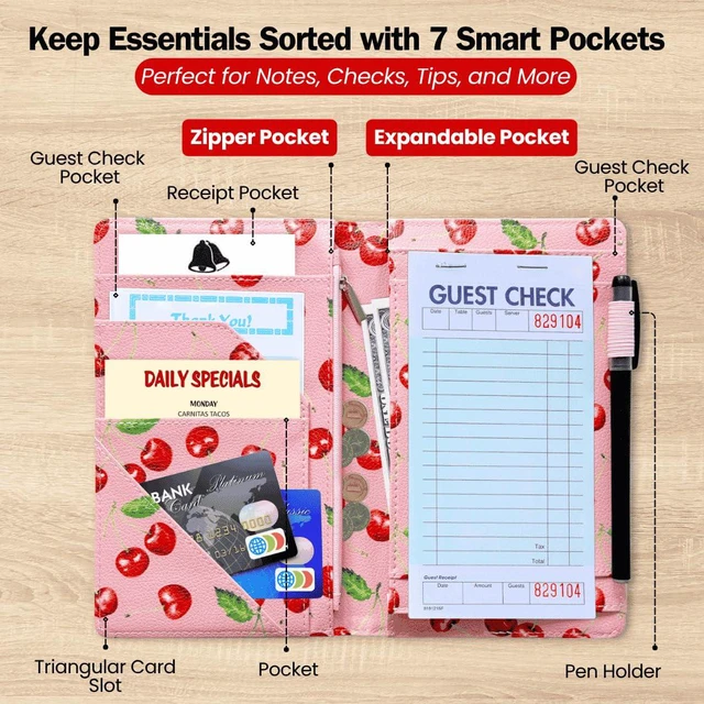 Alt view image 4 of 7 - 5x8 Server Book, 7 Pocket Zipper Organizer, Fits Apron, Pink Cherry Reinforced PU Leather, Rigid Writing Surface, Spill-Resistant, Easy Clean, Fits 3.5x6.75 Checks, for Restaurants Cafes Bars