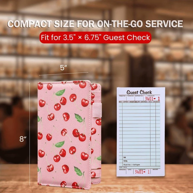 Alt view image 5 of 7 - 5x8 Server Book, 7 Pocket Zipper Organizer, Fits Apron, Pink Cherry Reinforced PU Leather, Rigid Writing Surface, Spill-Resistant, Easy Clean, Fits 3.5x6.75 Checks, for Restaurants Cafes Bars