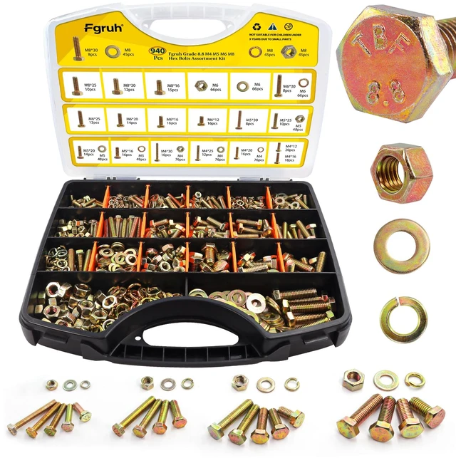 Main image of 940PCS M4 M5 M6 M8 Metric Hex Bolts Assortment Kit,Lenght 12mm-30mm M4-0.7, M5-0.8, M6-1.0, M8-1.25 Hex Bolts Nuts Washers Assorted Kit for Automotive, Grade 8.8 Alloy Steel Yellow Zinc Plated