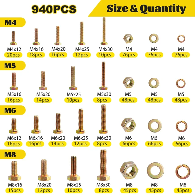 Alt view image 2 of 7 - 940PCS M4 M5 M6 M8 Metric Hex Bolts Assortment Kit,Lenght 12mm-30mm M4-0.7, M5-0.8, M6-1.0, M8-1.25 Hex Bolts Nuts Washers Assorted Kit for Automotive, Grade 8.8 Alloy Steel Yellow Zinc Plated