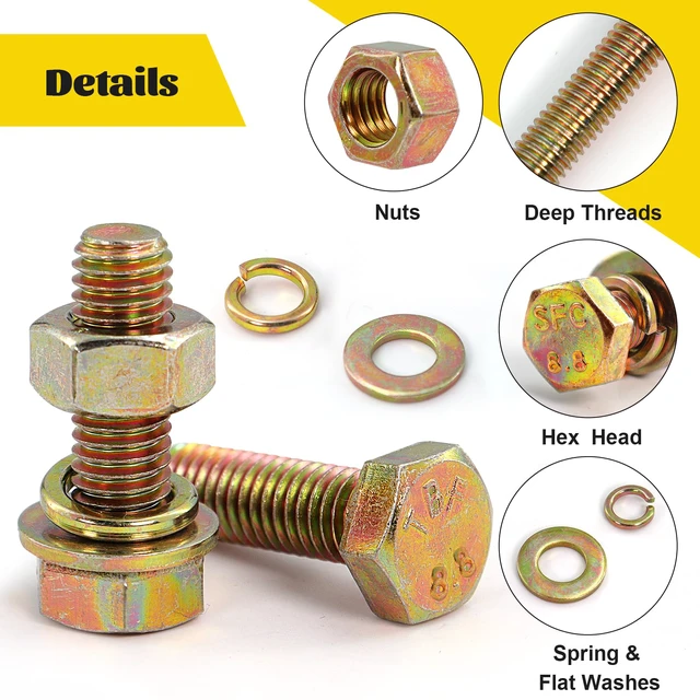 Alt view image 3 of 7 - 940PCS M4 M5 M6 M8 Metric Hex Bolts Assortment Kit,Lenght 12mm-30mm M4-0.7, M5-0.8, M6-1.0, M8-1.25 Hex Bolts Nuts Washers Assorted Kit for Automotive, Grade 8.8 Alloy Steel Yellow Zinc Plated