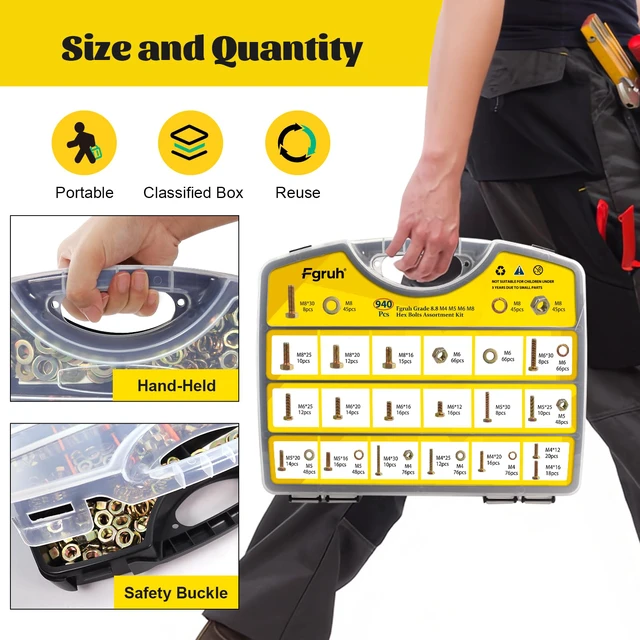 Alt view image 4 of 7 - 940PCS M4 M5 M6 M8 Metric Hex Bolts Assortment Kit,Lenght 12mm-30mm M4-0.7, M5-0.8, M6-1.0, M8-1.25 Hex Bolts Nuts Washers Assorted Kit for Automotive, Grade 8.8 Alloy Steel Yellow Zinc Plated