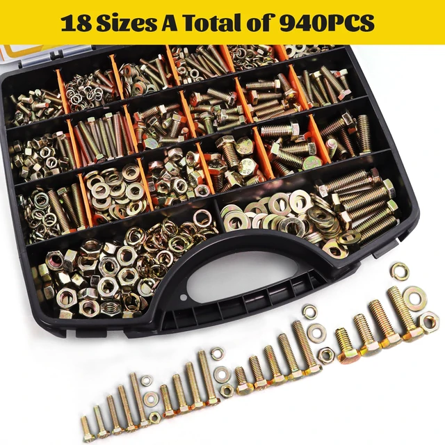 Alt view image 6 of 7 - 940PCS M4 M5 M6 M8 Metric Hex Bolts Assortment Kit,Lenght 12mm-30mm M4-0.7, M5-0.8, M6-1.0, M8-1.25 Hex Bolts Nuts Washers Assorted Kit for Automotive, Grade 8.8 Alloy Steel Yellow Zinc Plated