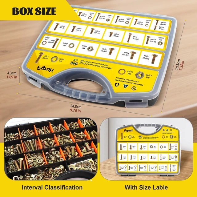 Alt view image 7 of 7 - 940PCS M4 M5 M6 M8 Metric Hex Bolts Assortment Kit,Lenght 12mm-30mm M4-0.7, M5-0.8, M6-1.0, M8-1.25 Hex Bolts Nuts Washers Assorted Kit for Automotive, Grade 8.8 Alloy Steel Yellow Zinc Plated
