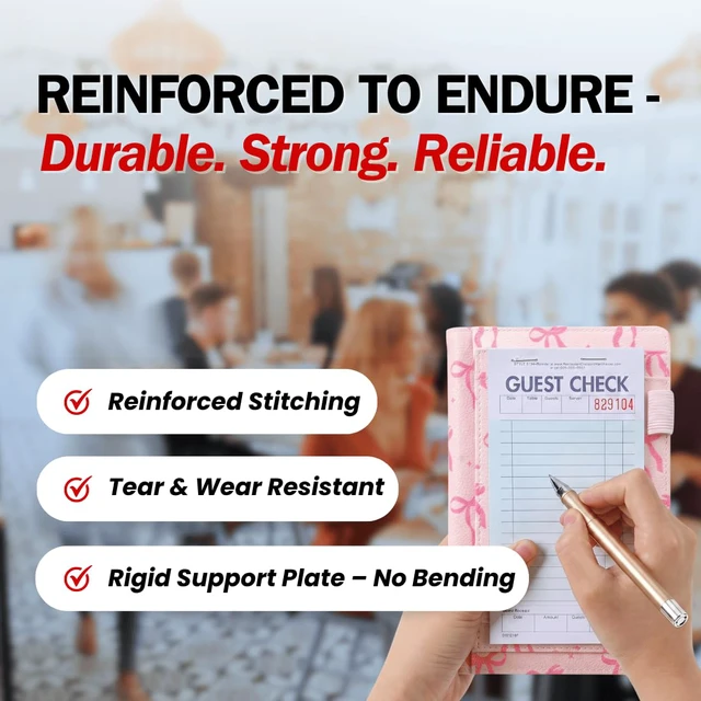 Alt view image 2 of 7 - 5x8 Server Book, 7 Pocket Zipper Organizer, Fits Apron, Pink Bow Reinforced PU Leather, Rigid Writing Surface, Spill-Resistant, Easy Clean, Fits 3.5x6.75 Checks, for Restaurants Cafes Bars