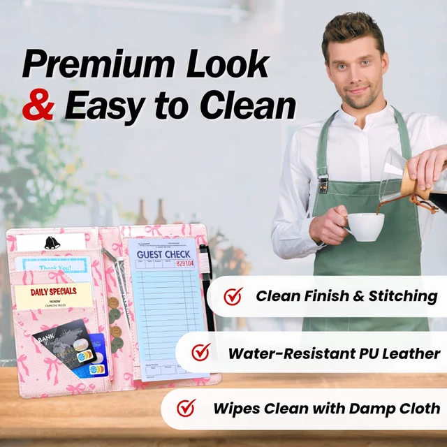 Alt view image 3 of 7 - 5x8 Server Book, 7 Pocket Zipper Organizer, Fits Apron, Pink Bow Reinforced PU Leather, Rigid Writing Surface, Spill-Resistant, Easy Clean, Fits 3.5x6.75 Checks, for Restaurants Cafes Bars