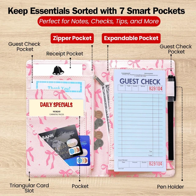 Alt view image 4 of 7 - 5x8 Server Book, 7 Pocket Zipper Organizer, Fits Apron, Pink Bow Reinforced PU Leather, Rigid Writing Surface, Spill-Resistant, Easy Clean, Fits 3.5x6.75 Checks, for Restaurants Cafes Bars