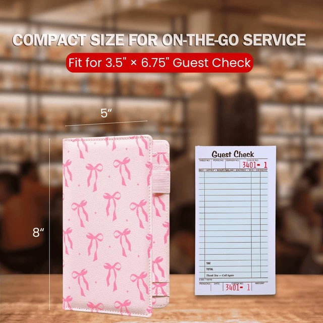 Alt view image 5 of 7 - 5x8 Server Book, 7 Pocket Zipper Organizer, Fits Apron, Pink Bow Reinforced PU Leather, Rigid Writing Surface, Spill-Resistant, Easy Clean, Fits 3.5x6.75 Checks, for Restaurants Cafes Bars