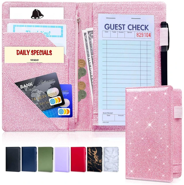 Main image of 5x8 Server Book, 7 Pocket Zipper Organizer, Fits Apron, Glitter Pink Reinforced PU Leather, Rigid Writing Surface, Spill-Resistant, Easy Clean, Fits 3.5x6.75 Checks, for Restaurants Cafes Bars
