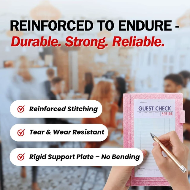 Alt view image 2 of 7 - 5x8 Server Book, 7 Pocket Zipper Organizer, Fits Apron, Glitter Pink Reinforced PU Leather, Rigid Writing Surface, Spill-Resistant, Easy Clean, Fits 3.5x6.75 Checks, for Restaurants Cafes Bars