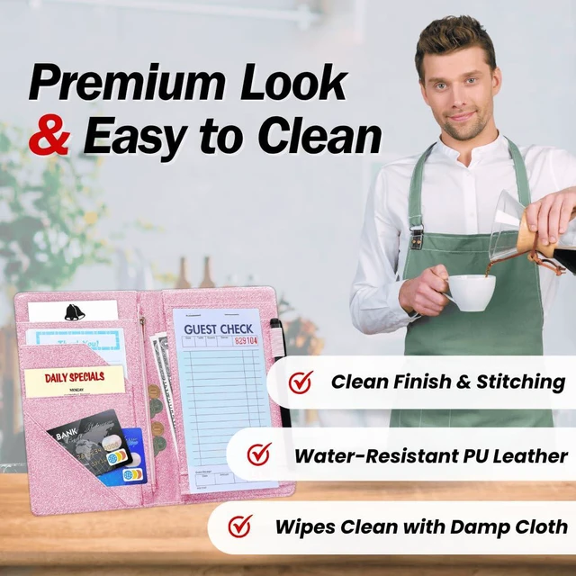 Alt view image 3 of 7 - 5x8 Server Book, 7 Pocket Zipper Organizer, Fits Apron, Glitter Pink Reinforced PU Leather, Rigid Writing Surface, Spill-Resistant, Easy Clean, Fits 3.5x6.75 Checks, for Restaurants Cafes Bars