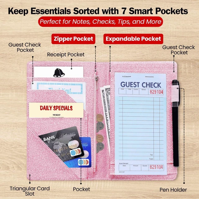 Alt view image 4 of 7 - 5x8 Server Book, 7 Pocket Zipper Organizer, Fits Apron, Glitter Pink Reinforced PU Leather, Rigid Writing Surface, Spill-Resistant, Easy Clean, Fits 3.5x6.75 Checks, for Restaurants Cafes Bars