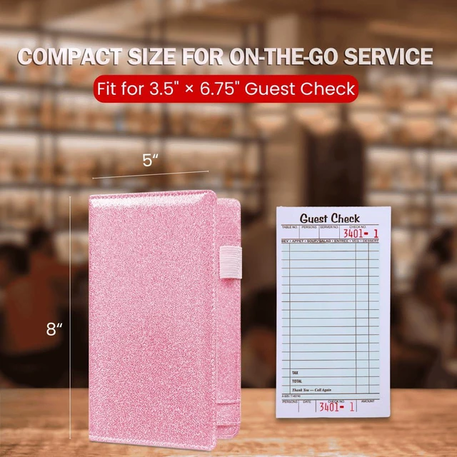 Alt view image 5 of 7 - 5x8 Server Book, 7 Pocket Zipper Organizer, Fits Apron, Glitter Pink Reinforced PU Leather, Rigid Writing Surface, Spill-Resistant, Easy Clean, Fits 3.5x6.75 Checks, for Restaurants Cafes Bars