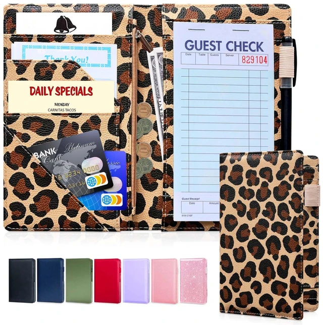 Main image of 5x8 Server Book, 7 Pocket Zipper Organizer, Fits Apron, Leopard Reinforced PU Leather, Rigid Writing Surface, Spill-Resistant, Easy Clean, Fits 3.5x6.75 Checks, for Restaurants Cafes Bars