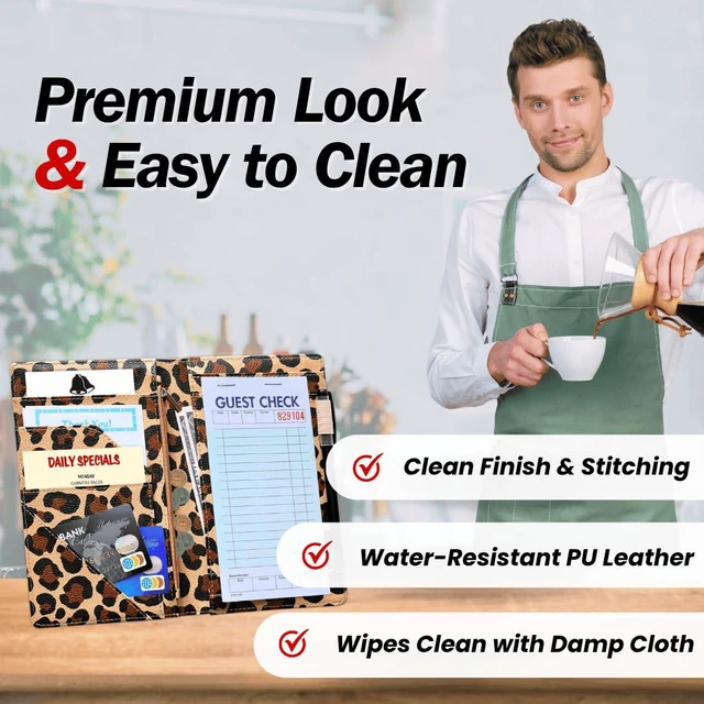 Alt view image 3 of 7 - 5x8 Server Book, 7 Pocket Zipper Organizer, Fits Apron, Leopard Reinforced PU Leather, Rigid Writing Surface, Spill-Resistant, Easy Clean, Fits 3.5x6.75 Checks, for Restaurants Cafes Bars