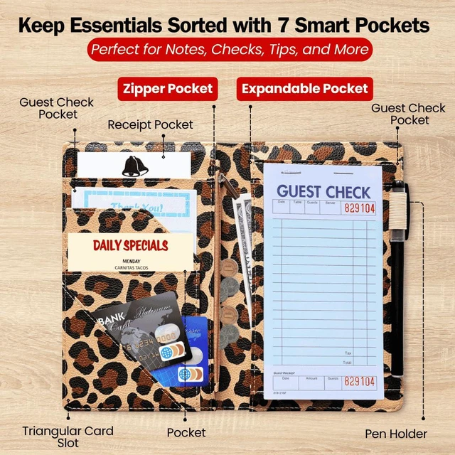 Alt view image 4 of 7 - 5x8 Server Book, 7 Pocket Zipper Organizer, Fits Apron, Leopard Reinforced PU Leather, Rigid Writing Surface, Spill-Resistant, Easy Clean, Fits 3.5x6.75 Checks, for Restaurants Cafes Bars