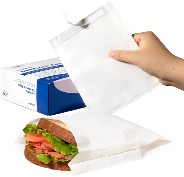 Main image of 200 Pack Paper Sandwich Bags Sealable 7 x 6, White Greaseproof Snack Bag, Food Grade Pastry Bag, Recyclable Small Paper Bags, Cookie Sleeves, Food Packaging for Bakery, Donut