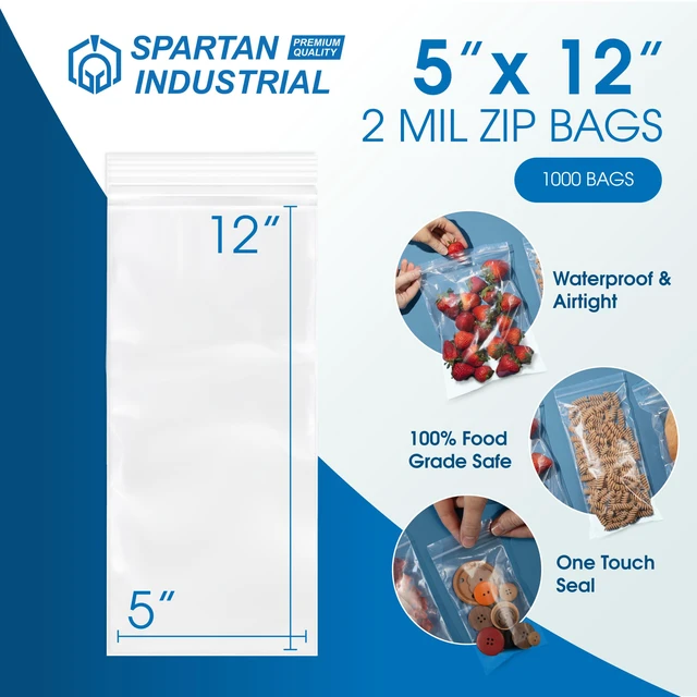 Alt view image 2 of 6 - 5 X 12 (1000 Count) 2 Mil Clear Reclosable Zip Plastic Poly Bags with Resealable Lock Seal Zipper