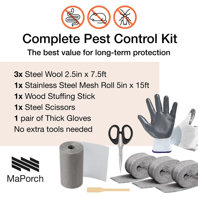 Alt view image 2 of 7 - Complete Steel Wool and Stainless Steel Mice Control Kit, 22.5ft Steel Wool Hole Filler - 15ft Stainless Steel Excluder Mesh - Gloves, Scissors & Stick