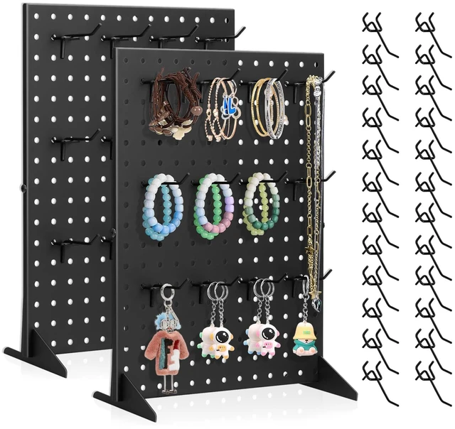 Main image of 2 Pack Peg Board Display Stand for Vendors with 24 Hooks Metal Tabletop Pegboard Display Stand for Craft Shows 17" X 13" Retail Display Racks Peg Board Organizer Holder Black