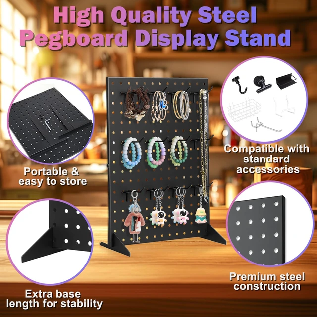Alt view image 4 of 7 - 2 Pack Peg Board Display Stand for Vendors with 24 Hooks Metal Tabletop Pegboard Display Stand for Craft Shows 17" X 13" Retail Display Racks Peg Board Organizer Holder Black