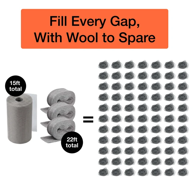 Alt view image 4 of 7 - Complete Steel Wool and Stainless Steel Mice Control Kit, 22.5ft Steel Wool Hole Filler - 15ft Stainless Steel Excluder Mesh - Gloves, Scissors & Stick
