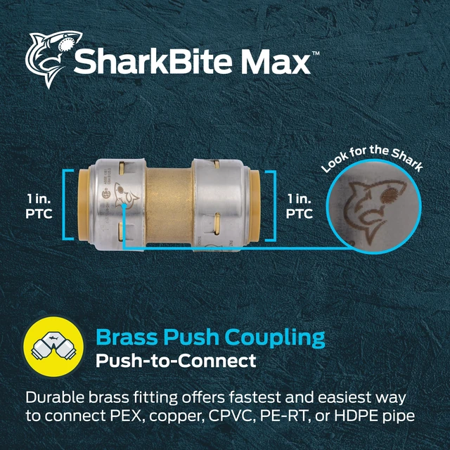 Alt view image 2 of 6 - Max 1 Inch Coupling, Push to Connect Brass Plumbing Fitting, PEX Pipe, Copper, CPVC, PE-RT, HDPE, UR020A