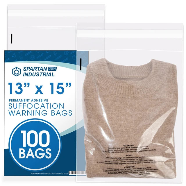 Main image of 13 X 15 (100 Count) Self Seal Clear Poly Bags with Suffocation Warning for Packaging, T Shirts & Shipping- Permanent Adhesive