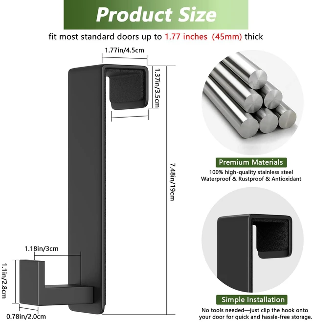 Alt view image 2 of 7 - Stainless Steel Over The Door Hooks Heavy Duty, Door Mount Coat Rack Bathroom Towel Holder Towel Rack for Bedroom, Doors Hangers Towel Hooks for Bathroom Dorm Essentials (Black, 2 Pack)