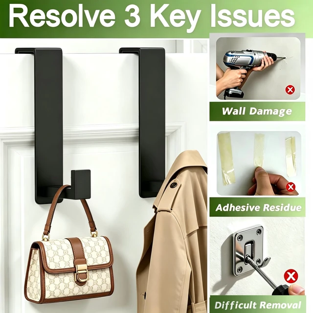 Alt view image 4 of 7 - Stainless Steel Over The Door Hooks Heavy Duty, Door Mount Coat Rack Bathroom Towel Holder Towel Rack for Bedroom, Doors Hangers Towel Hooks for Bathroom Dorm Essentials (Black, 2 Pack)