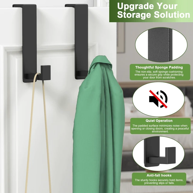 Alt view image 6 of 7 - Stainless Steel Over The Door Hooks Heavy Duty, Door Mount Coat Rack Bathroom Towel Holder Towel Rack for Bedroom, Doors Hangers Towel Hooks for Bathroom Dorm Essentials (Black, 2 Pack)