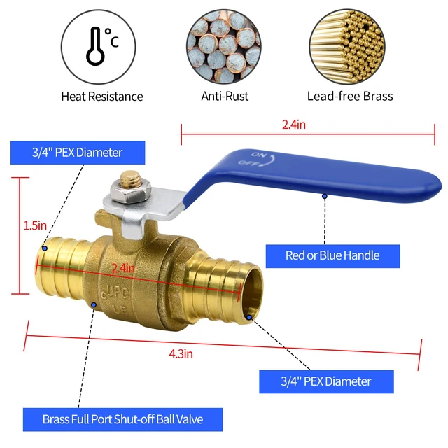 Alt view image 2 of 7 - 10pcs 3/4" PEX Brass Full Port Shut Off Ball Valve, HOT (RED) COLD (BLUE) for Kitchen, Faucet, PEX Pipe