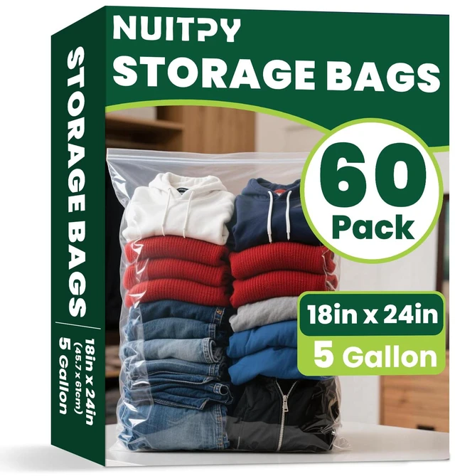 Main image of 60 Pack Large 5 Gallon Storage Bags with Zipper Top, 18 x 24in Zipper Bags Clear Plastic Bag for Storage, Reusable, Sealable Storage Bag for Clothes, Travel & Moving, Double-sided Thickness 4 Mil
