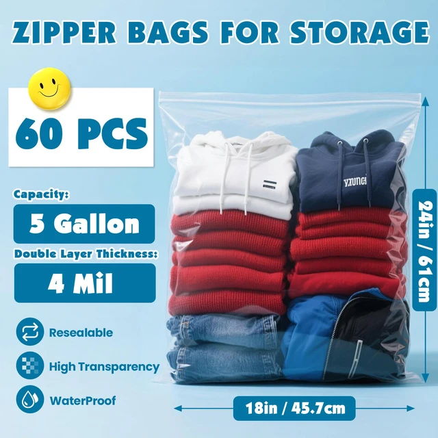 Alt view image 2 of 7 - 60 Pack Large 5 Gallon Storage Bags with Zipper Top, 18 x 24in Zipper Bags Clear Plastic Bag for Storage, Reusable, Sealable Storage Bag for Clothes, Travel & Moving, Double-sided Thickness 4 Mil