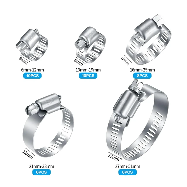 Alt view image 2 of 7 - 40 Pcs Hose Clamps Stainless Steel, 6-51mm Adjustable Worm Gear Pipe Clamps Fuel Line Hose Clips Heavy Duty for Plumbing, Dishwasher, Automotive, Washing Machine, Mechanical
