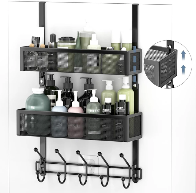 Alt view image 3 of 7 - Adjustable Over The Door Hooks Organizer, Door Hanger Coat Rack with 2 Mesh Baskets and 10 Hooks, Back of Door Storage Organizer for Bedroom,Bathroom,Kitchen (Black)