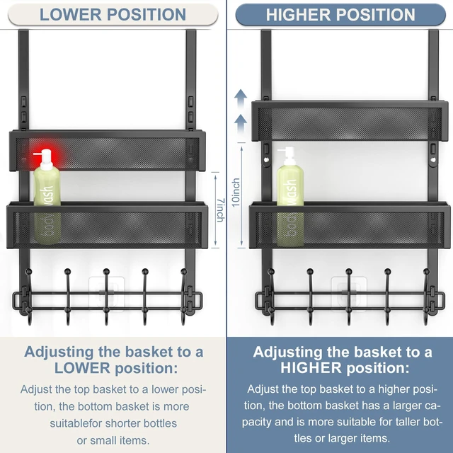 Alt view image 4 of 7 - Adjustable Over The Door Hooks Organizer, Door Hanger Coat Rack with 2 Mesh Baskets and 10 Hooks, Back of Door Storage Organizer for Bedroom,Bathroom,Kitchen (Black)