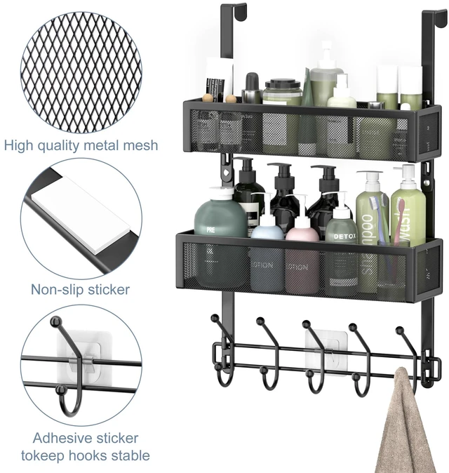 Alt view image 5 of 7 - Adjustable Over The Door Hooks Organizer, Door Hanger Coat Rack with 2 Mesh Baskets and 10 Hooks, Back of Door Storage Organizer for Bedroom,Bathroom,Kitchen (Black)