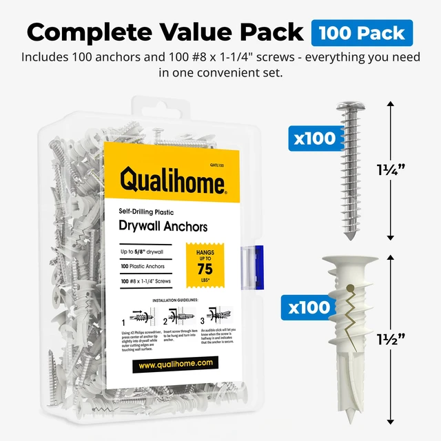 Alt view image 7 of 7 - Drywall Anchors with Screws Self-Drilling Drywall Anchors, Anti-Spin Grip, No Pre-Drill Wall Anchor Kit, Strong & Reliable Hold, 100 Pack (200 Pieces)