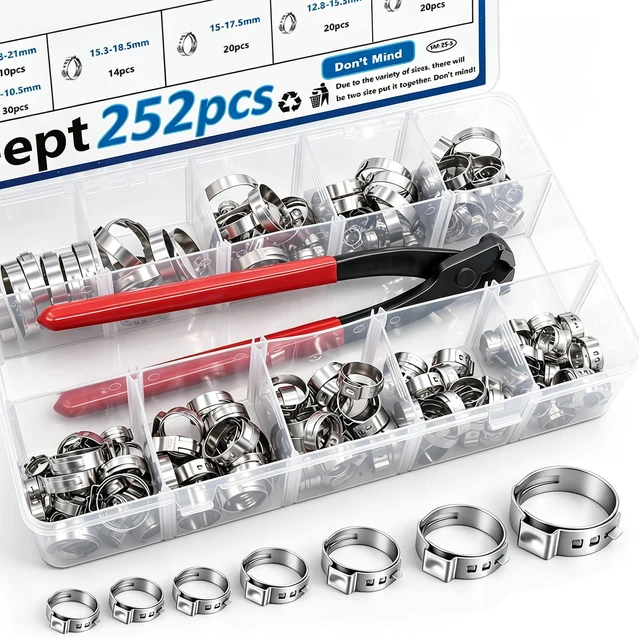 Main image of 252Pcs 14-Sizes 304 Stainless Steel Single Ear Hose Clamps with Ear clamp plier 5.3-33.1mm Crimp Hose Clamps Assortment Kit for Auto/Home Appliance/Pipe/Fuel Line Stepless hose clamp with pincer