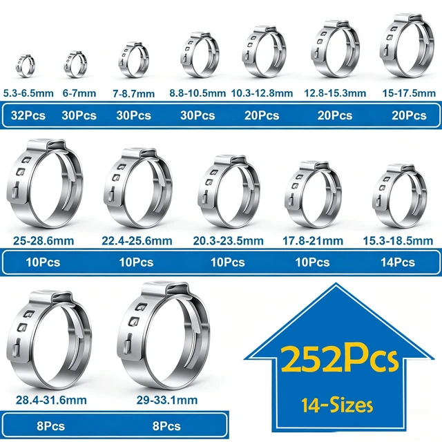Alt view image 2 of 6 - 252Pcs 14-Sizes 304 Stainless Steel Single Ear Hose Clamps with Ear clamp plier 5.3-33.1mm Crimp Hose Clamps Assortment Kit for Auto/Home Appliance/Pipe/Fuel Line Stepless hose clamp with pincer